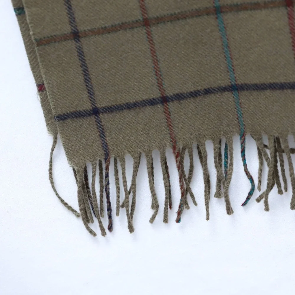 Vintage Wool Scarf plaid unisex mens womens olive green window pane classic warm